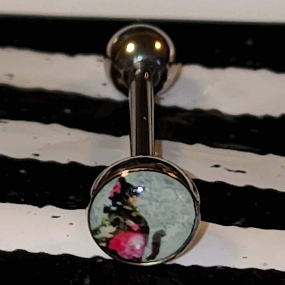 14g black cat flower tongue ring